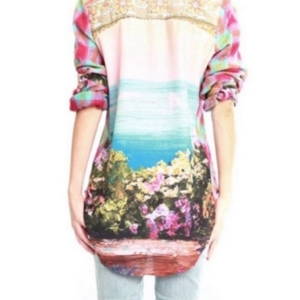ARATTA Silent Journey Boho Harbor Island Shirt, Button Down Patchwork Shirt S